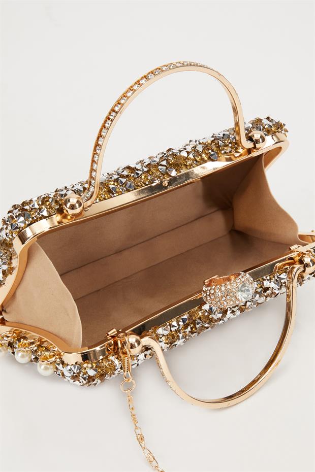 Gold Taş İşleme Saplı Abiye El Çantası
