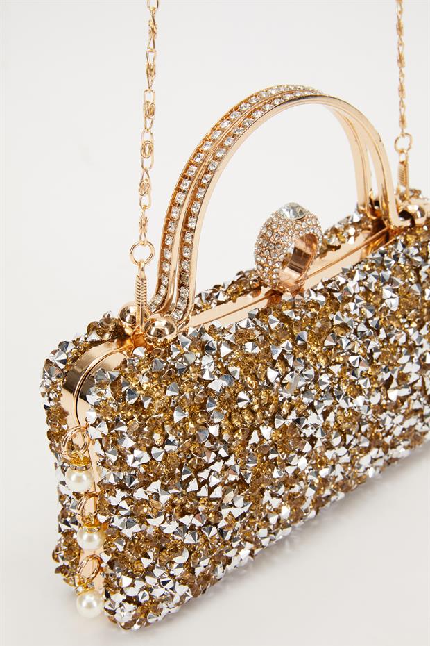 Gold Taş İşleme Saplı Abiye El Çantası