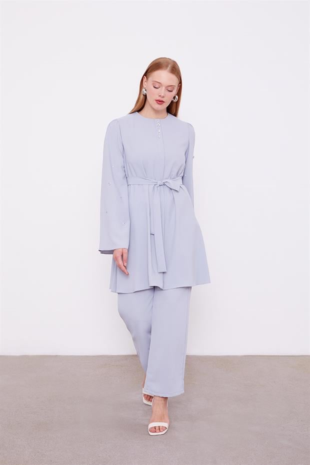 Gri Bisiklet Yaka Taş Detaylı İkili Takım