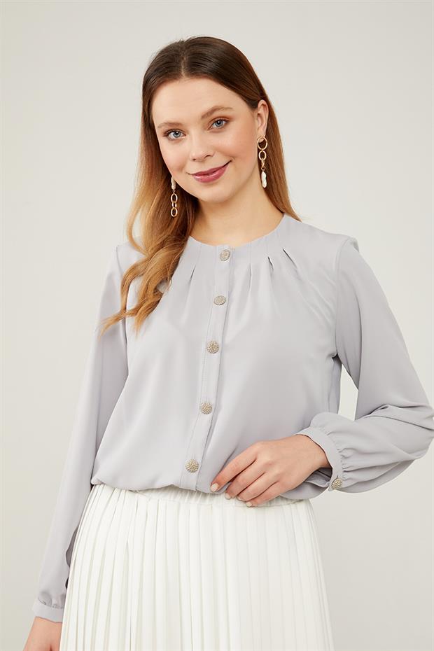 Gri Bisiklet Yaka Taş  Düğmeli Gömlek