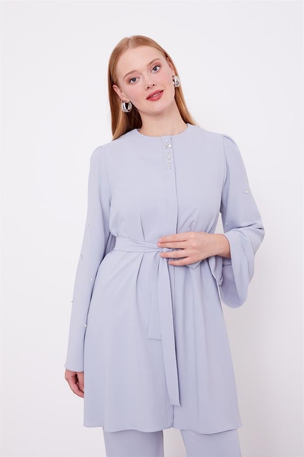 Gri Bisiklet Yaka Taş Detaylı İkili Takım