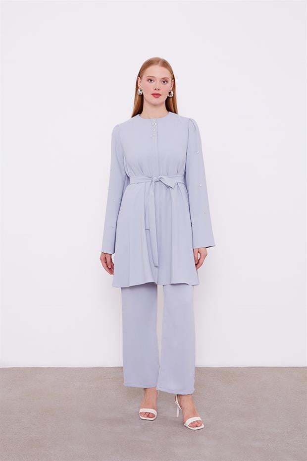 Gri Bisiklet Yaka Taş Detaylı İkili Takım