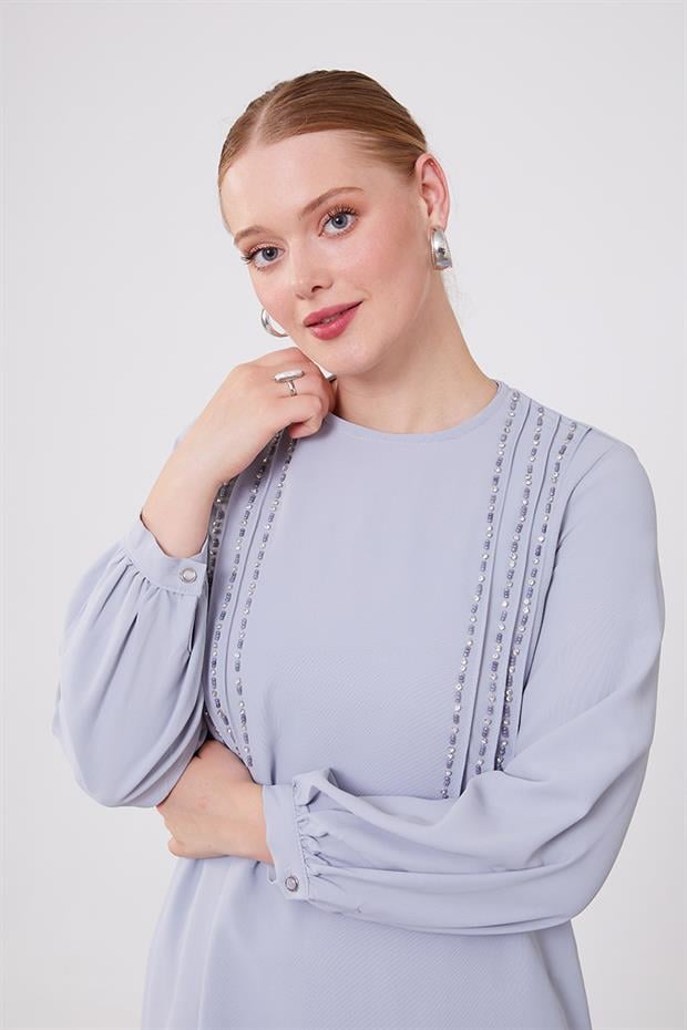 Gri Boncuk İşlemeli Tunik Takım