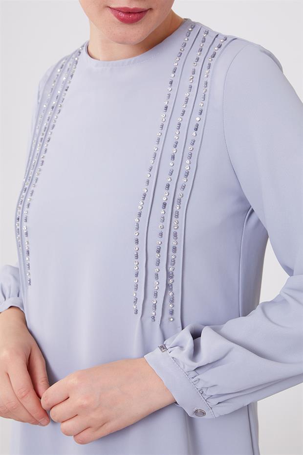 Gri Boncuk İşlemeli Tunik Takım