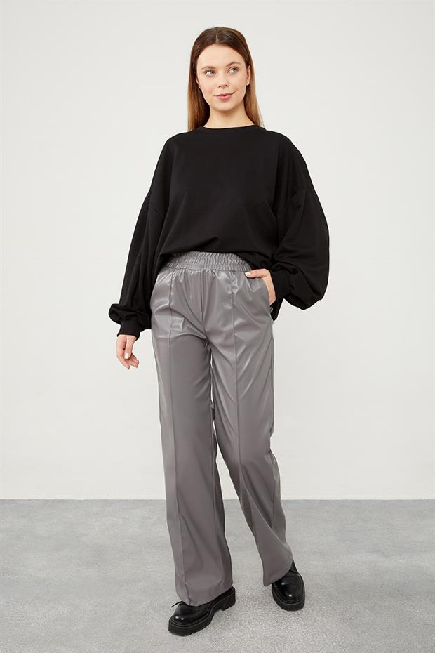 Gri Boru Paça Suni Deri Pantolon