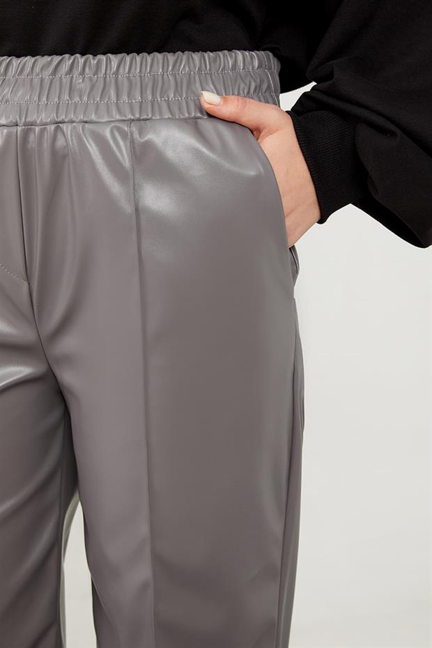 Gri Boru Paça Suni Deri Pantolon