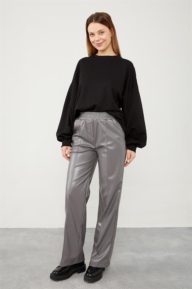 Gri Boru Paça Suni Deri Pantolon