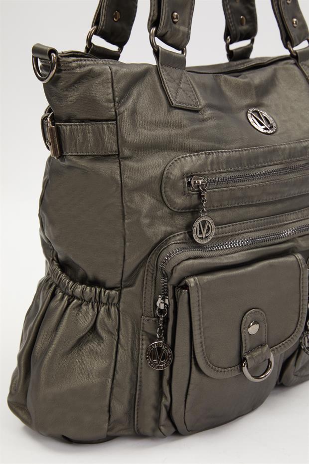 Gri Çepçik Detaylı Omuz Çantası