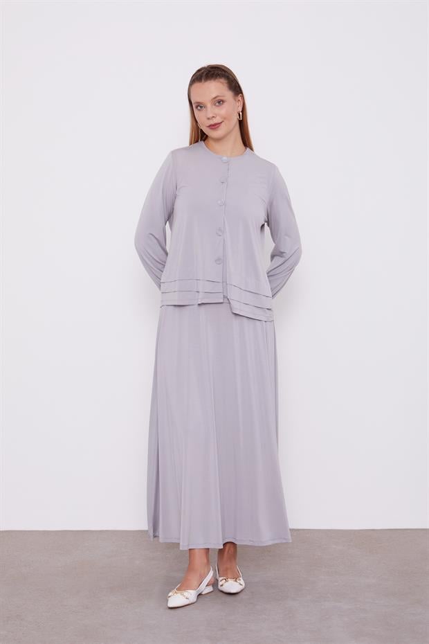 Gri Düğme Kapamalı Etekli Takım