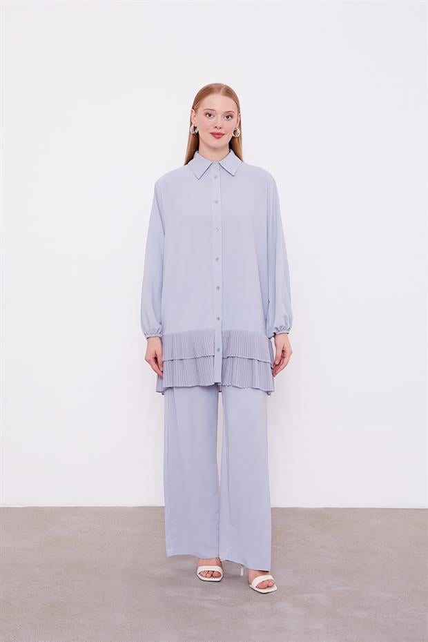 Gri Eteği Pileli Gömlek Yaka Tunik Takım