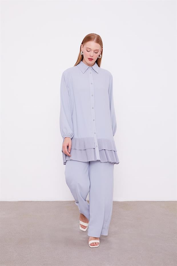 Gri Eteği Pileli Gömlek Yaka Tunik Takım