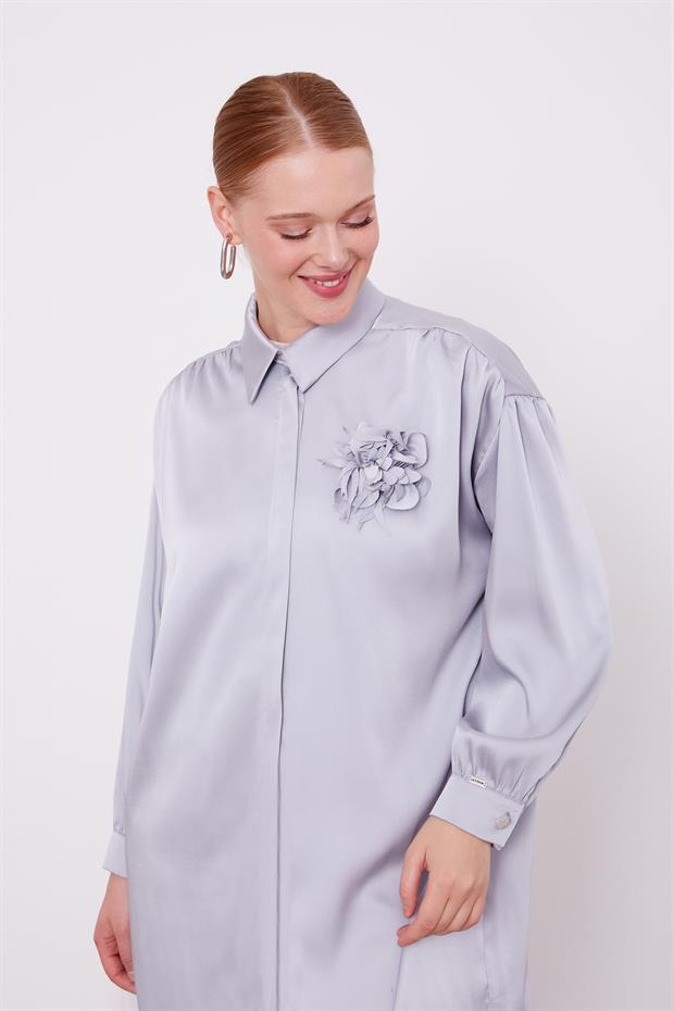 Gri Gül Broşlu Saten İkili Takım