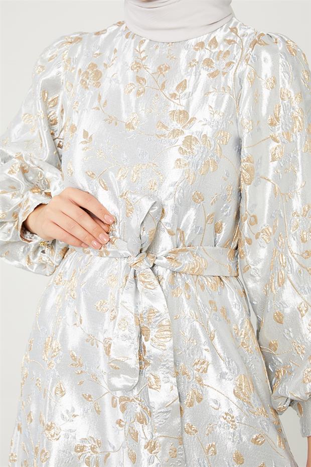 Gri Jakarlı Balon Kol Elbise