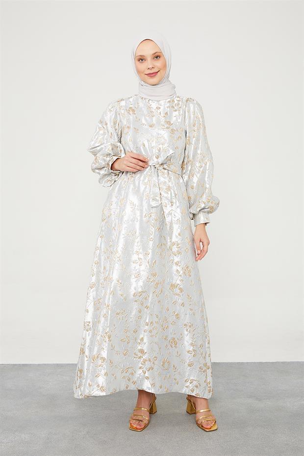 Gri Jakarlı Balon Kol Elbise