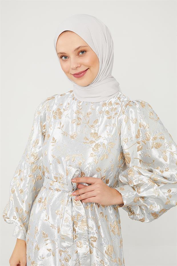 Gri Jakarlı Balon Kol Elbise