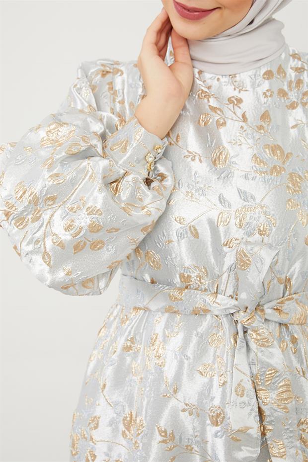 Gri Jakarlı Balon Kol Elbise