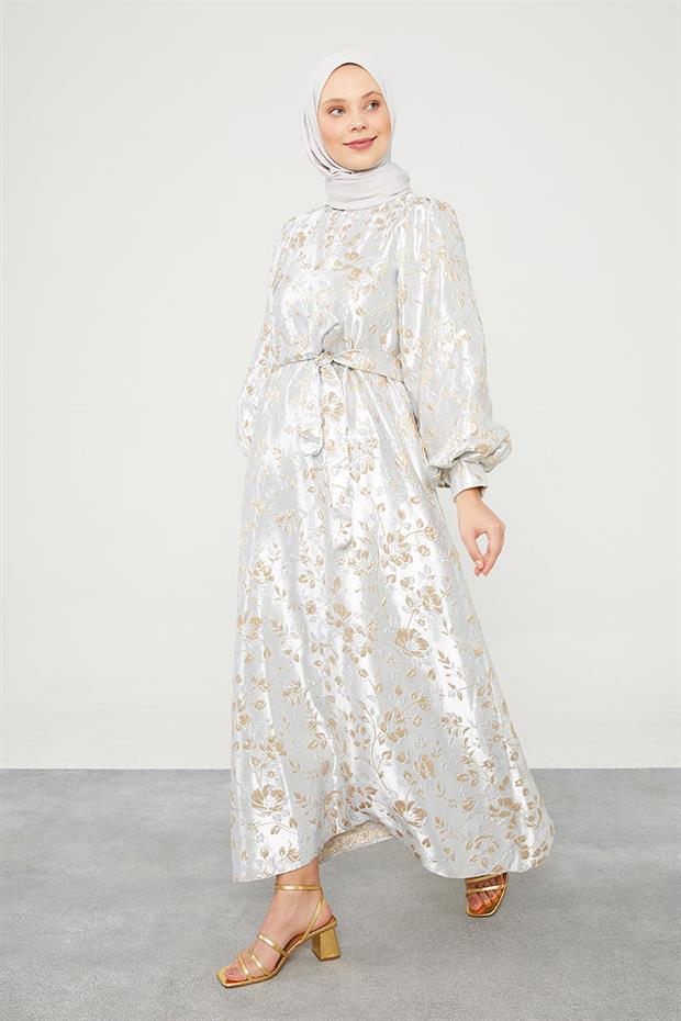 Gri Jakarlı Balon Kol Elbise