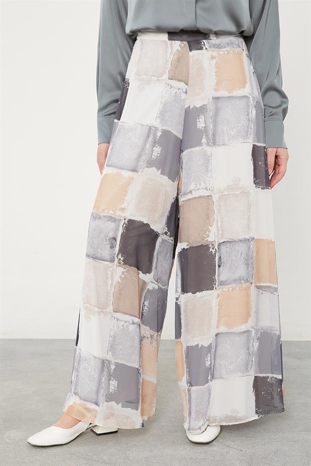 Gri Kare Desen Geniş Paçalı Pantolon