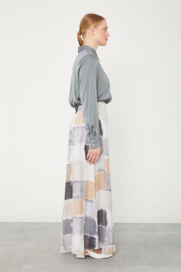 Gri Kare Desen Geniş Paçalı Pantolon