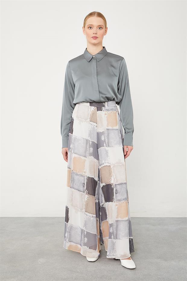 Gri Kare Desen Geniş Paçalı Pantolon