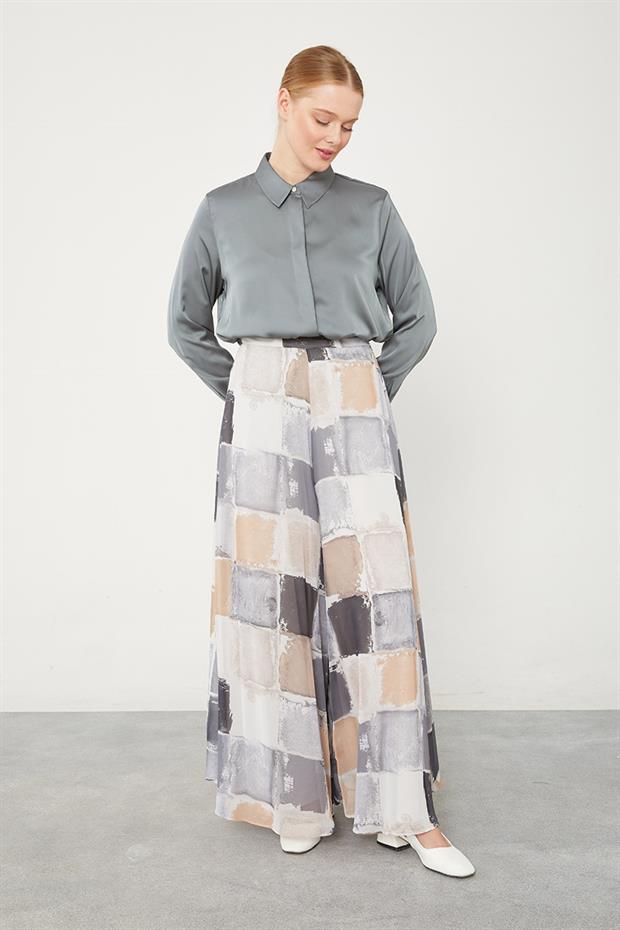 Gri Kare Desen Geniş Paçalı Pantolon