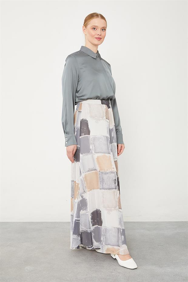 Gri Kare Desen Geniş Paçalı Pantolon