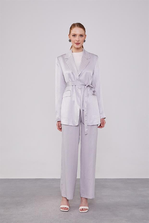 Gri Kazayağı Desen Jakarlı Ceket Takım