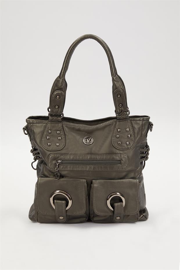 Gri Kuş Gözü Detaylı Omuz Çantası