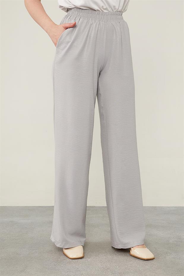 Gri Önü Taş İşlemeli Geniş Pantolonlu Tunik Takım