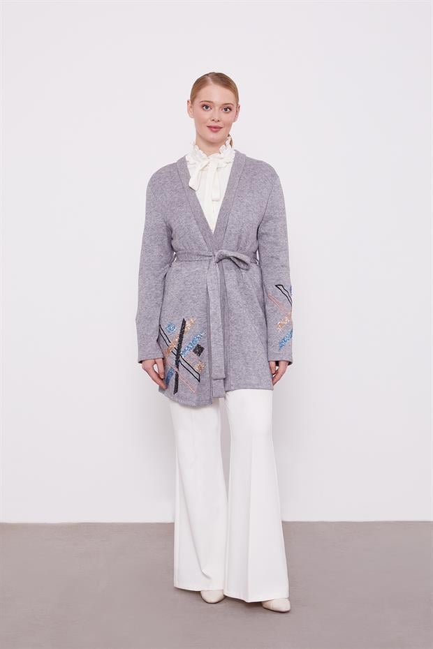 Gri Payet İşlemeli Kaşmir Hırka