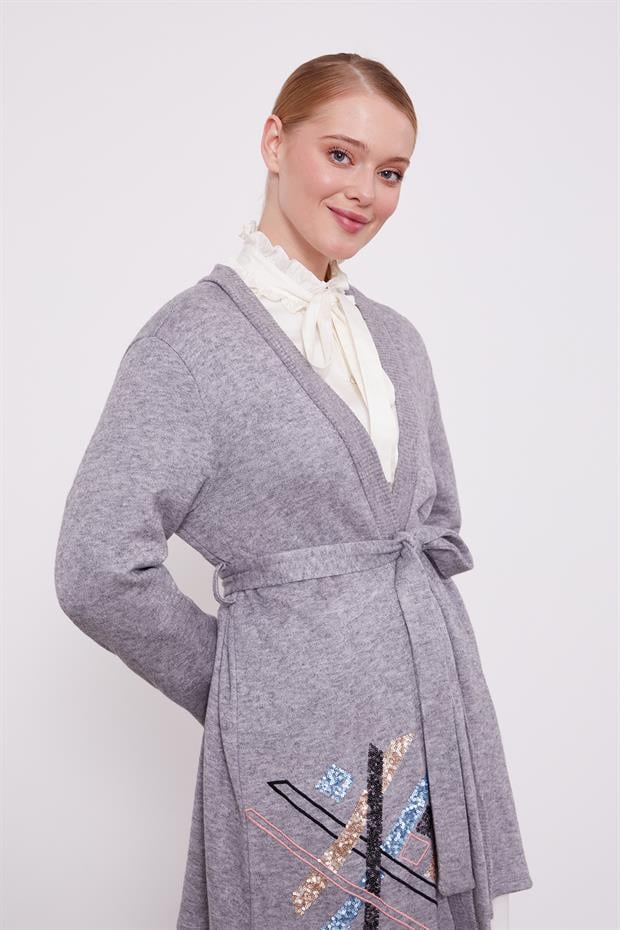 Gri Payet İşlemeli Kaşmir Hırka