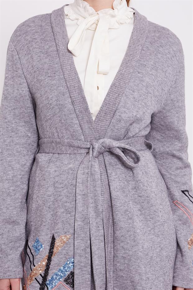 Gri Payet İşlemeli Kaşmir Hırka