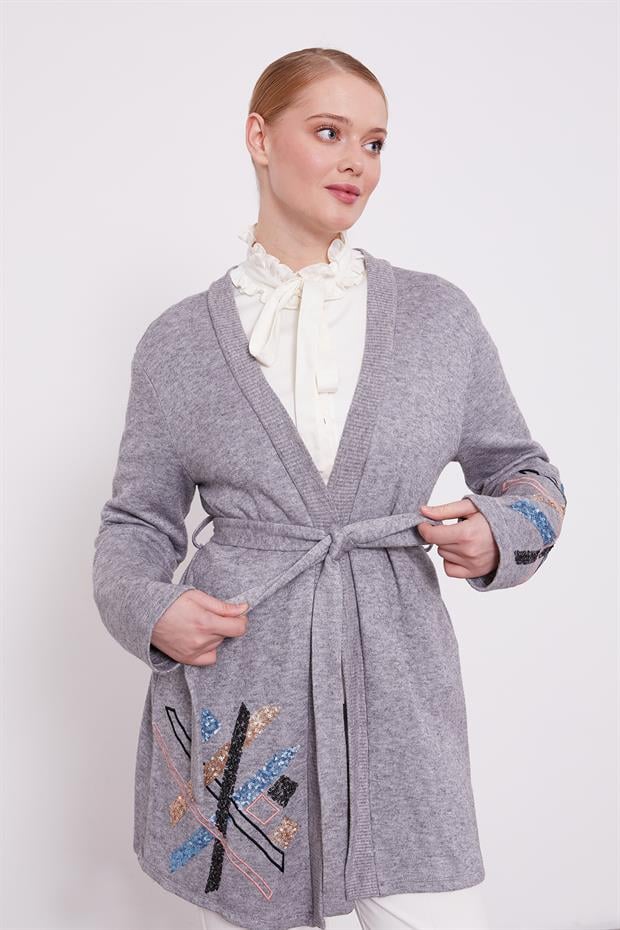 Gri Payet İşlemeli Kaşmir Hırka