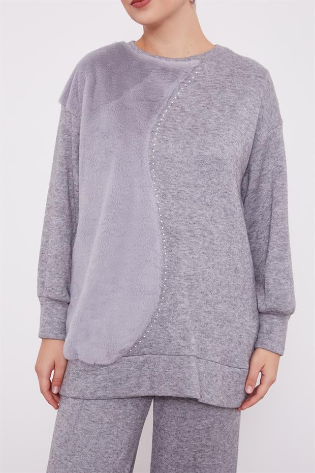 Gri Peluş Detaylı Kaşmir İkili Takım