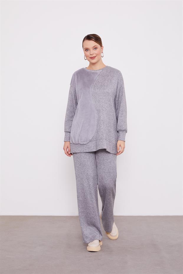 Gri Peluş Detaylı Kaşmir İkili Takım