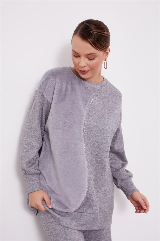 Gri Peluş Detaylı Kaşmir İkili Takım