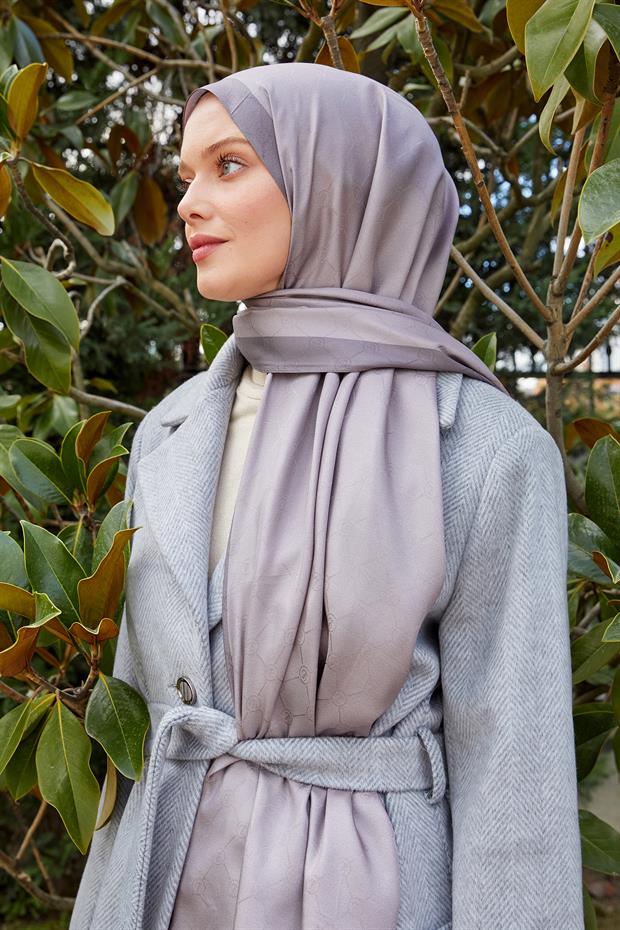 Gri Petek Desen Monogram İpek Şal