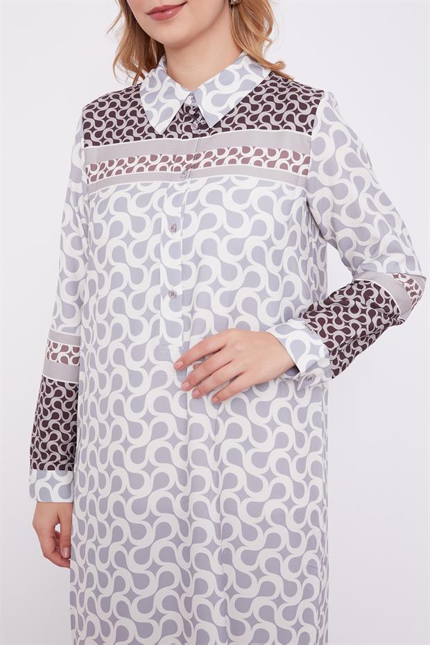 Gri S Desen Gömlek Yaka Elbise