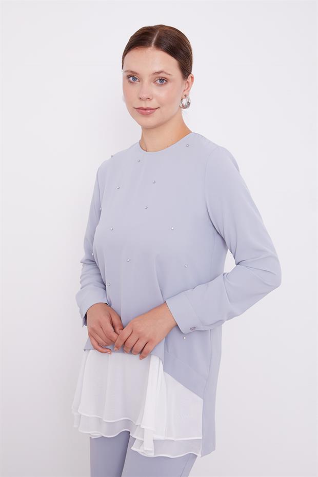 Gri Şifon Detaylı Tunik Takım