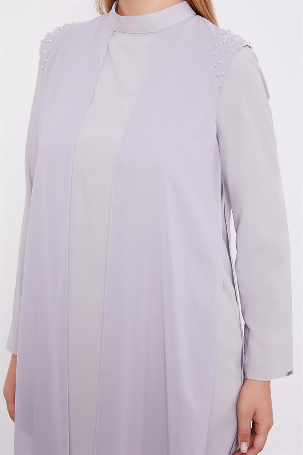 Gri Şifon Omuzları İşlemeli İkili Takım