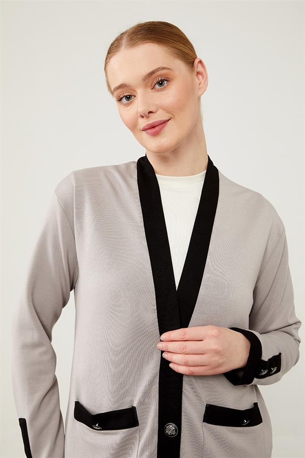 Gri - Siyah Ribanası Düğme Detaylı Hırkalı Takım