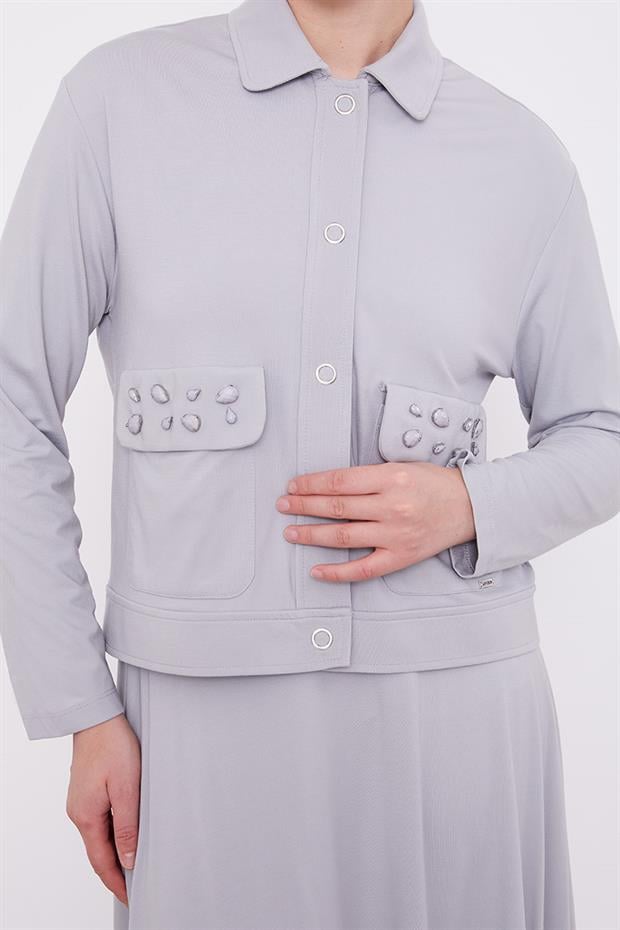 Gri Taş İşleme Kısa Ceketli Etekli Takım