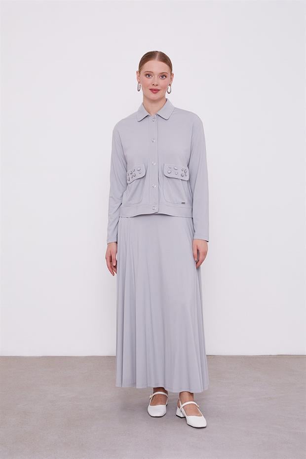 Gri Taş İşleme Kısa Ceketli Etekli Takım