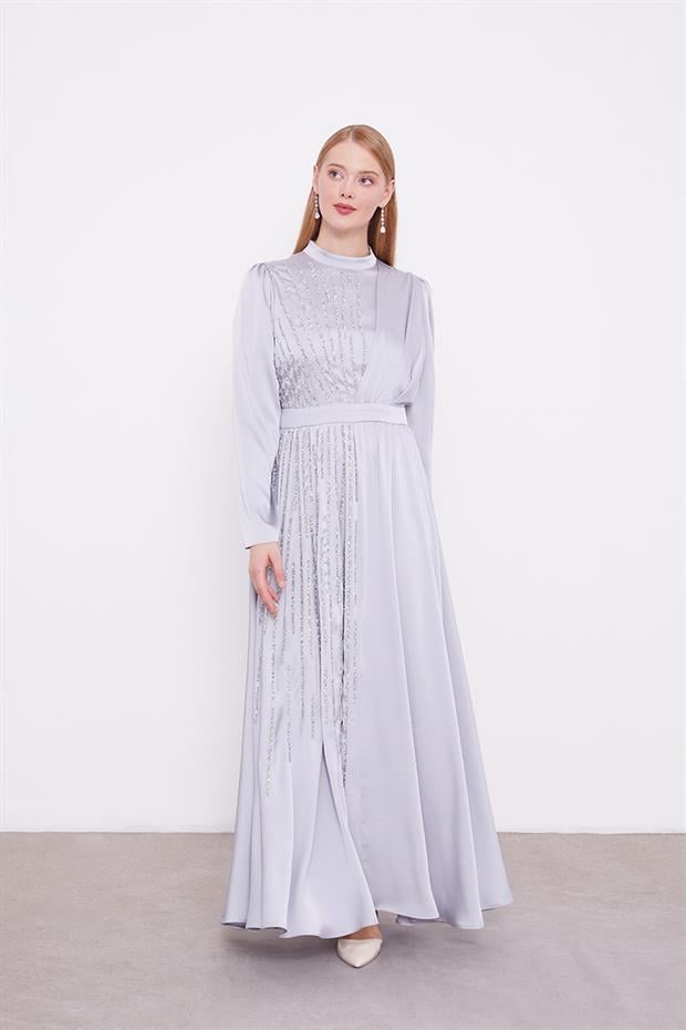 Gri Bel Kemerli Taşlı Elbise