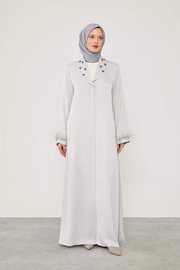 Gri Tüy Detaylı Taş işlemeli Ferace