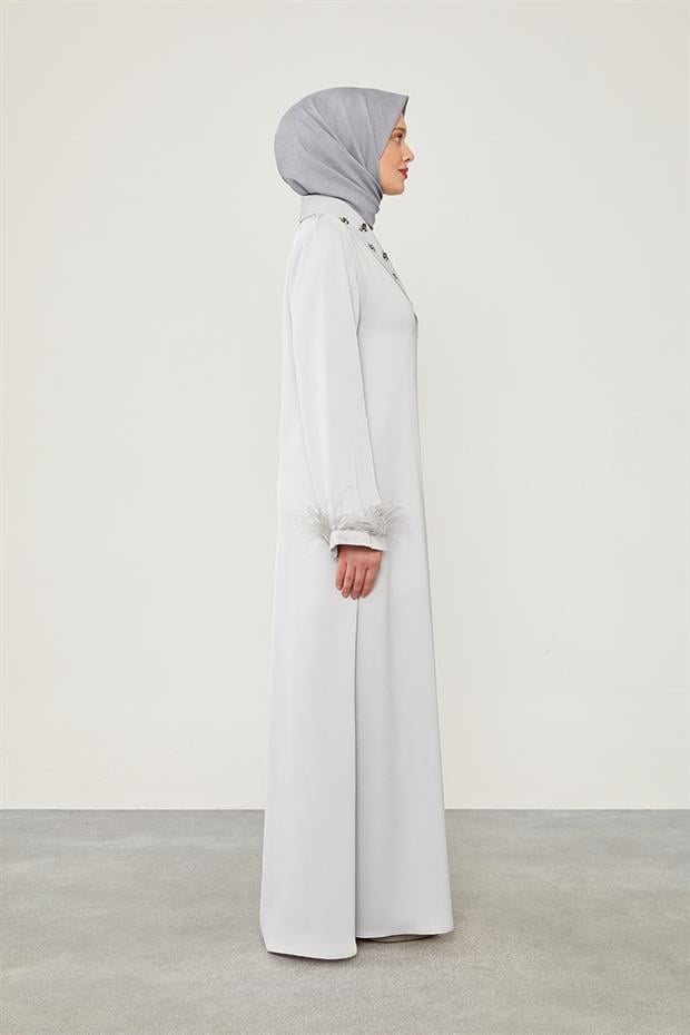 Gri Tüy Detaylı Taş işlemeli Ferace