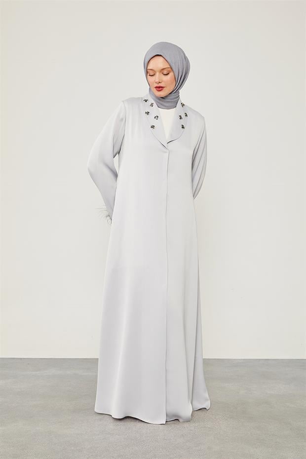 Gri Tüy Detaylı Taş işlemeli Ferace