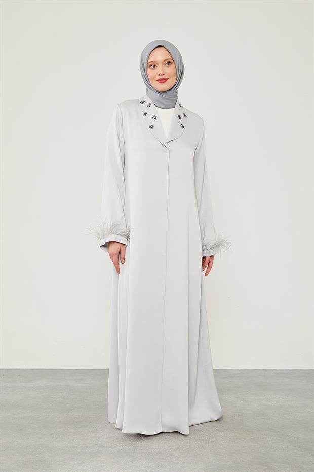 Gri Tüy Detaylı Taş işlemeli Ferace