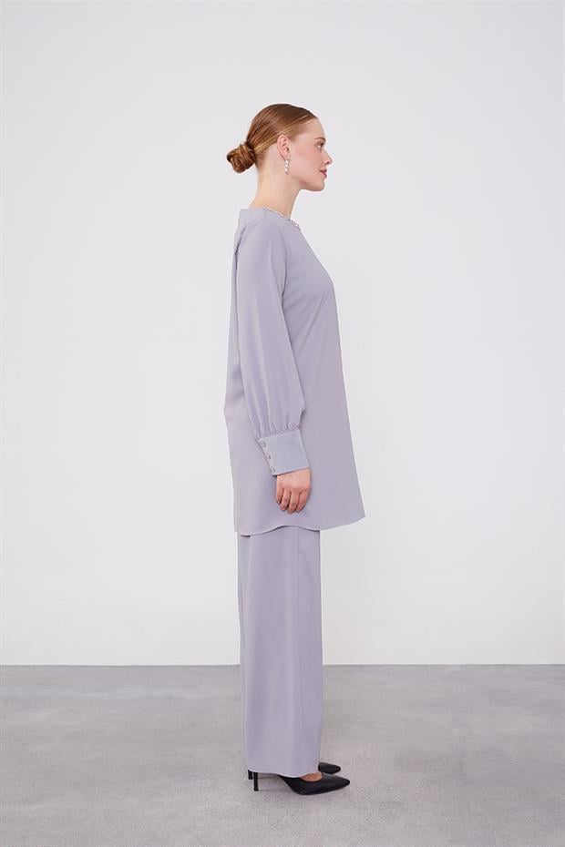 Gri Yakası Taş İşlemeli Şifon Tunik Takım