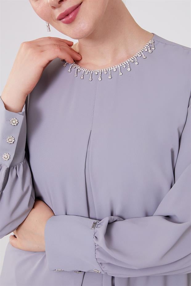 Gri Yakası Taş İşlemeli Şifon Tunik Takım